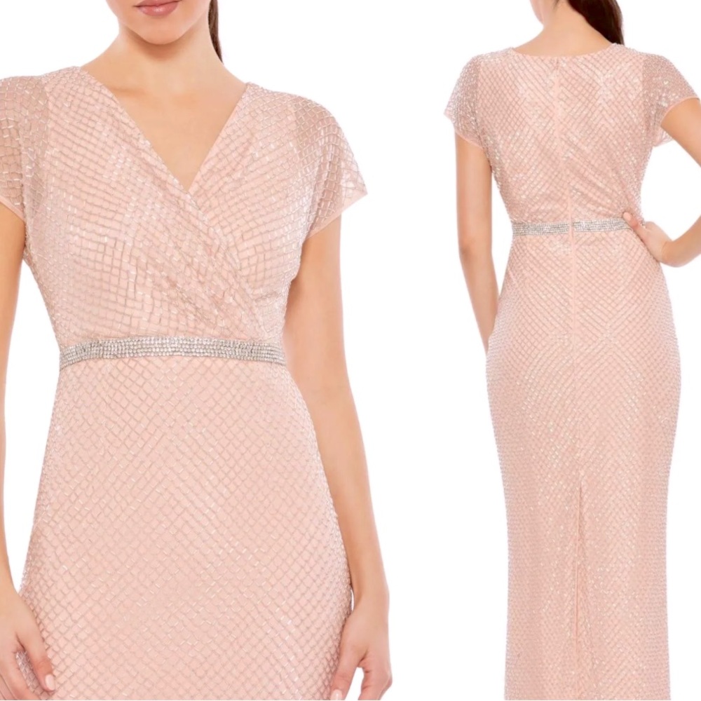 Mac Duggal Size 2 Formal Gown Beaded V-Neck Short Sleeve Dress Rose maxi $689